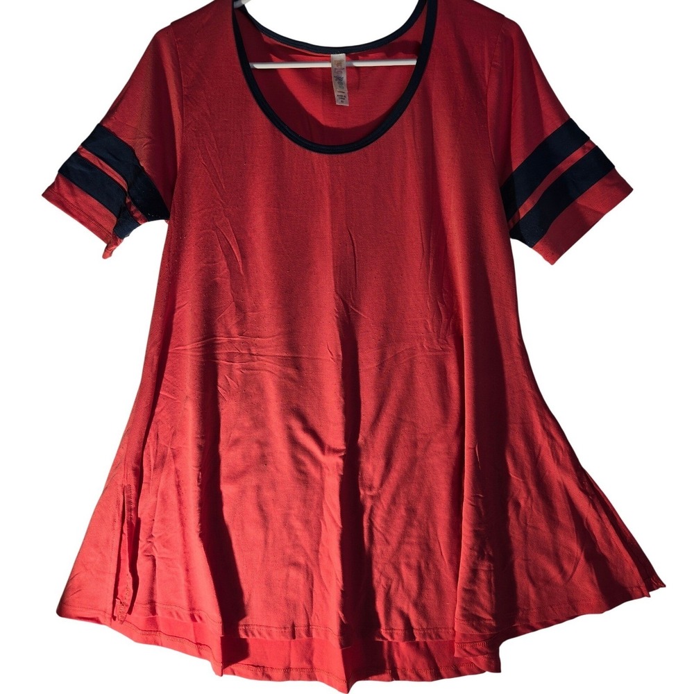 LuLaRoe Randy Tee Red Navy Varsity Stripe Short Sleeve Swing Top XS